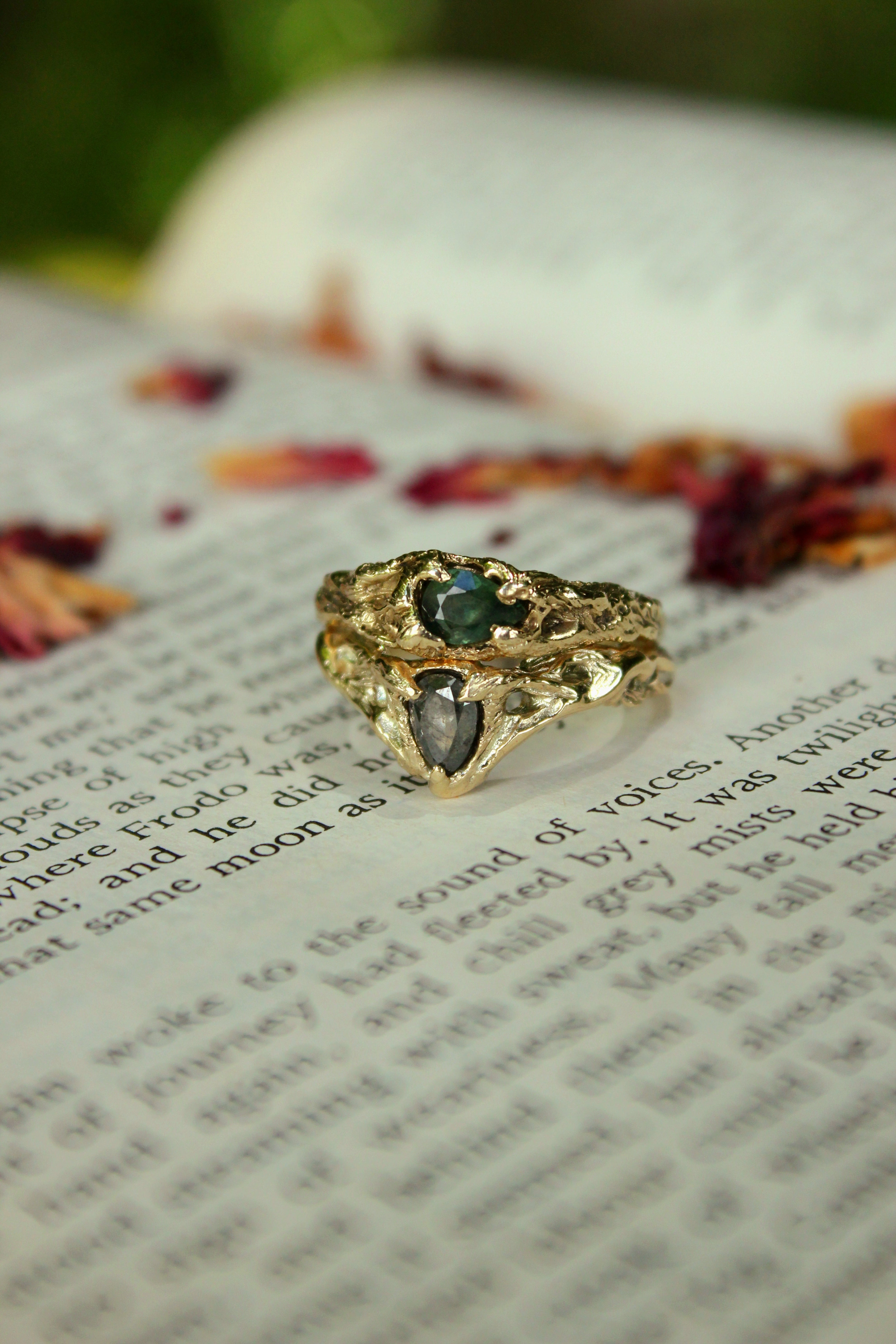 Dryad Fairy Crown Ring - 9ct gold with Salt & Pepper Diamond